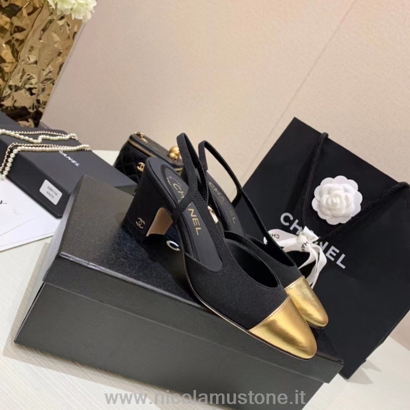 Orijinal Kalite Chanel Arkası Açık Iskarpin Pompaları Dana Derisi Deri Ilkbahar/yaz 2021 Koleksiyonu Siyah/altın