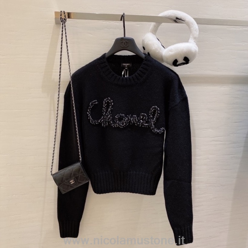 Orijinal Kalite Chanel Boncuk Işlemeli Bayan örgü Kazak Sonbahar/kış 2020 Koleksiyonu Siyah
