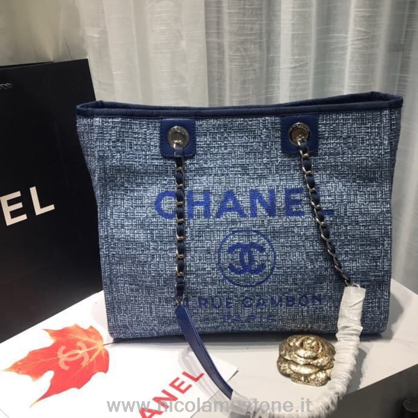 Orijinal Kalite Chanel Deauville Tote 34cm Kanvas çanta Ilkbahar/yaz 2019 Koleksiyonu Açık Mavi Denim çok