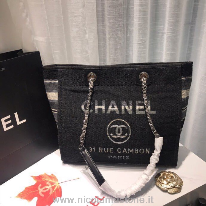 Orijinal Kalite Chanel Deauville Tote 34cm Kanvas çanta Ilkbahar/yaz 2019 Koleksiyonu Siyah Kot/beyaz/çoklu