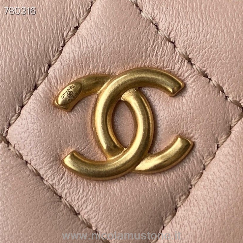 Orijinal Kalite Chanel Kutusu çanta 14cm As2463 Altın Donanım Kuzu Derisi Deri Sonbahar/kış 2021 Koleksiyonu Açık Pembe