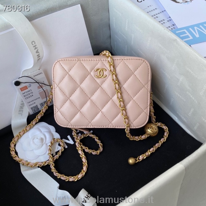 Orijinal Kalite Chanel Kutusu çanta 14cm As2463 Altın Donanım Kuzu Derisi Deri Sonbahar/kış 2021 Koleksiyonu Açık Pembe