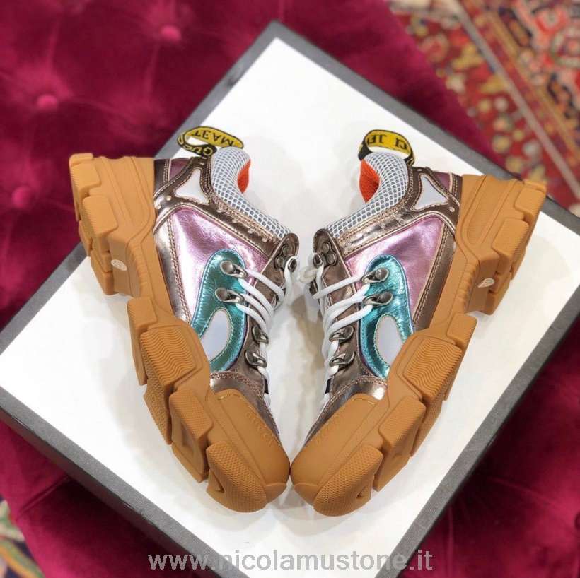 Orijinal Kalite Gucci Flashtrek Gg Spor Ayakkabı Dana Derisi Deri Sonbahar/kış 2019 Koleksiyonu Beyaz/metalik Pembe/mavi