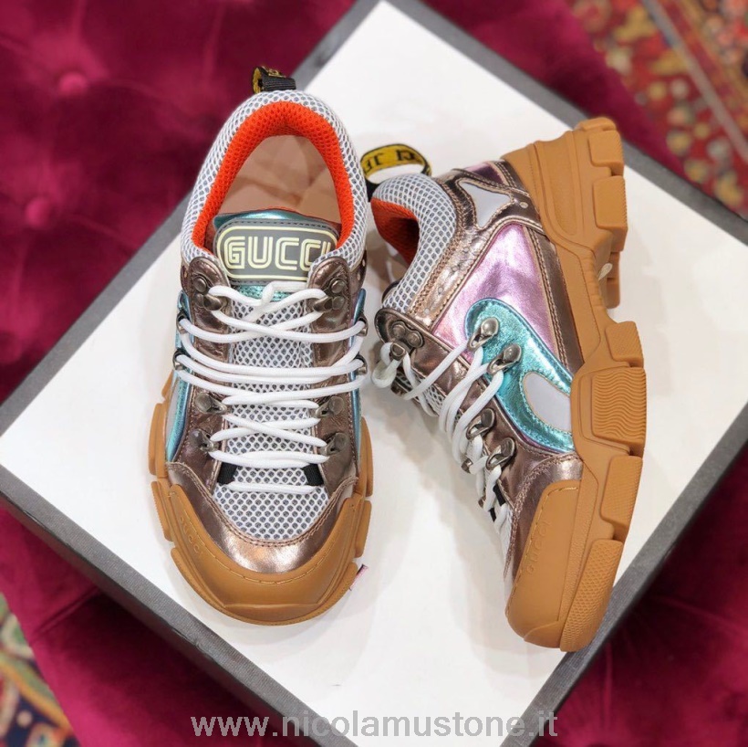 Orijinal Kalite Gucci Flashtrek Gg Spor Ayakkabı Dana Derisi Deri Sonbahar/kış 2019 Koleksiyonu Beyaz/metalik Pembe/mavi