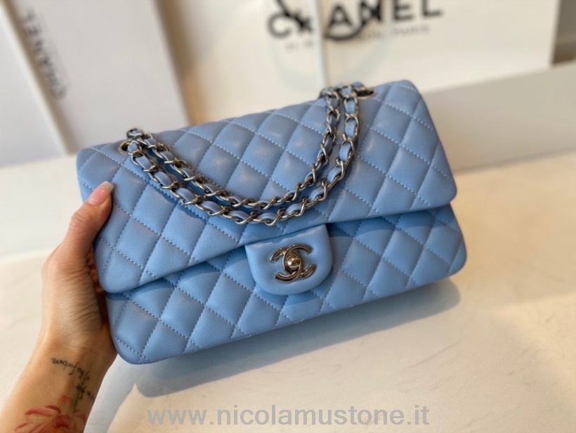 Orijinal Kaliteli Chanel Klasik Flap çanta 25cm Kuzu Derisi Gümüş Donanım Cruise Ilkbahar/yaz 2022 Koleksiyonu Mavi
