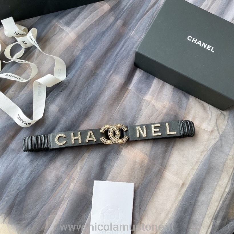 Orijinal Kaliteli Chanel Dokuma Yapay Elmas Cc Logo Bel Kemeri Altın Donanım Ilkbahar/yaz 2020 Koleksiyonu Siyah