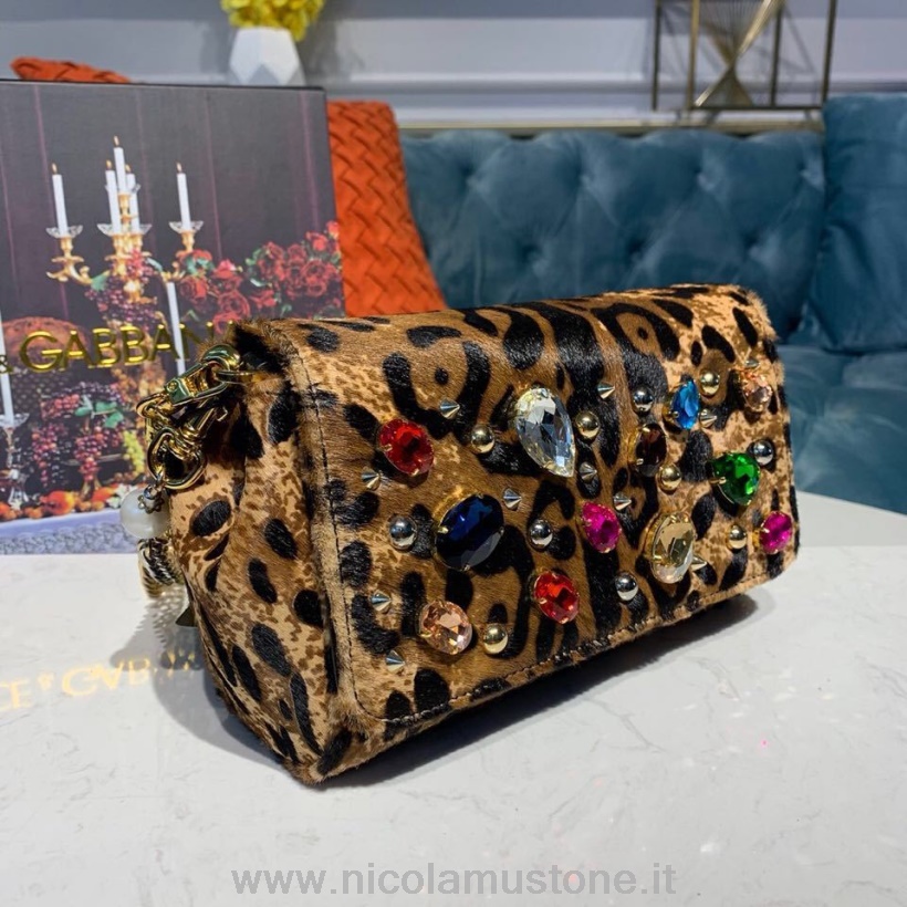 Orijinal Kalite Dolce Gabbana Kürk Işlemeli Omuz çantası 20cm Dana Derisi Deri Sonbahar/kış 2019 Koleksiyonu Leopar