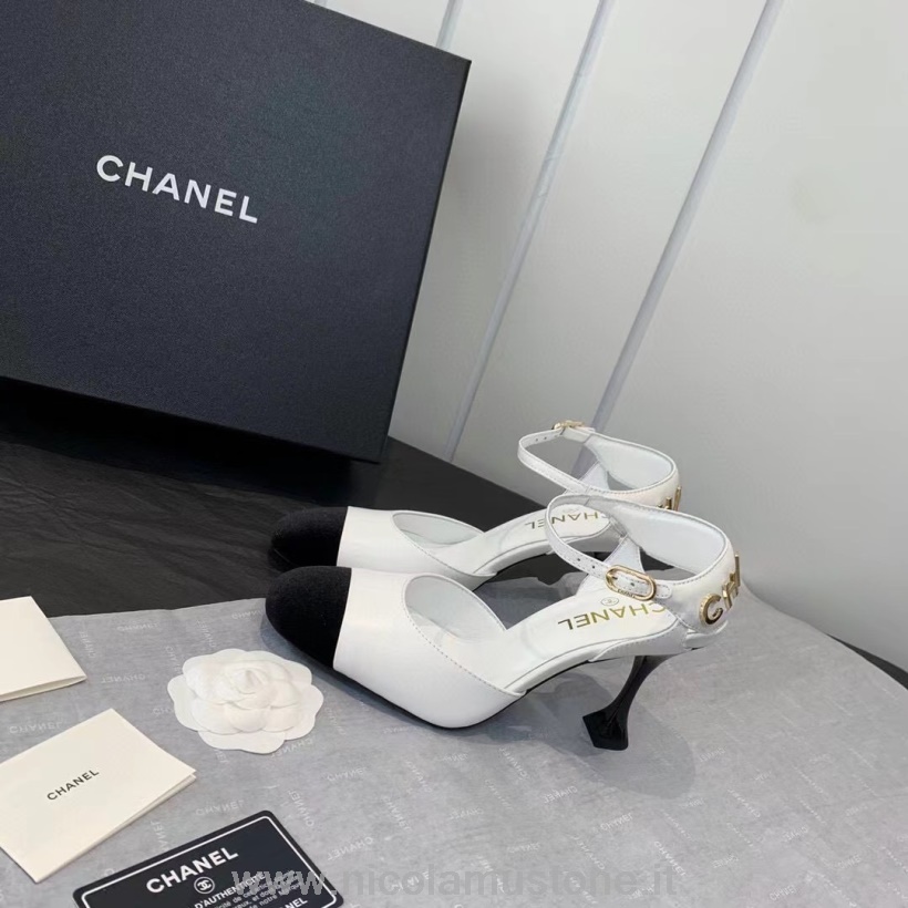 Orijinal Kalite Chanel Strappy Topuklu Dana Derisi Deri Sonbahar/kış 2021 Koleksiyonu Beyaz/siyah