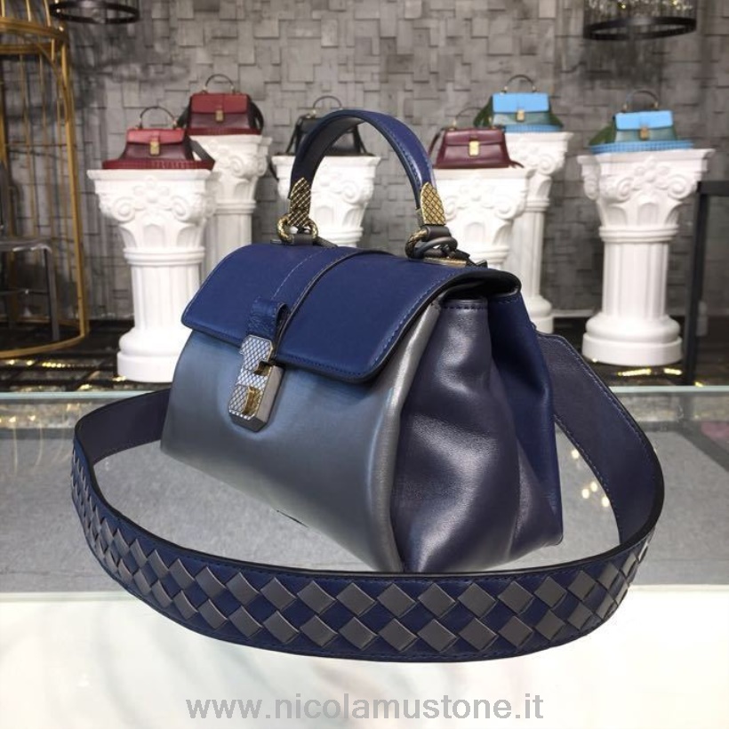 Orijinal Kalite Bottega Veneta Mini Piazza üst Saplı çanta 25cm Nappa Deri Altın Donanım Sonbahar/kış 2019 Koleksiyonu Atlantik Mavisi