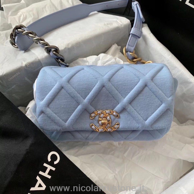 Orijinal Kalite Chanel 19 Bel çantası 18cm Jarse/kuzu Derisi Altın Donanım Cruise 2019 Koleksiyonu Açık Mavi