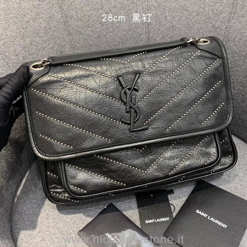 Orijinal Kalite Saint Laurent Ysl çivili Niki Bebek Omuz çantası 28cm Crinkled Vintage Dana Derisi Deri Sonbahar/kış 2019 Koleksiyonu Siyah
