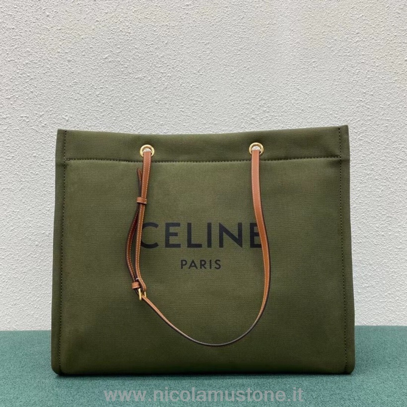 Orijinal Kalite Celine Yatay Cabas Alışveriş çantası 43cm Tekstil Kanvas/dana Derisi Deri Zeytin Yeşili