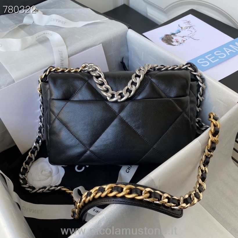 Orijinal Kalite Chanel 19 Flap çanta 26cm As1160 Gümüş Donanım Keçi Derisi Deri Sonbahar/kış 2021 Koleksiyonu Siyah