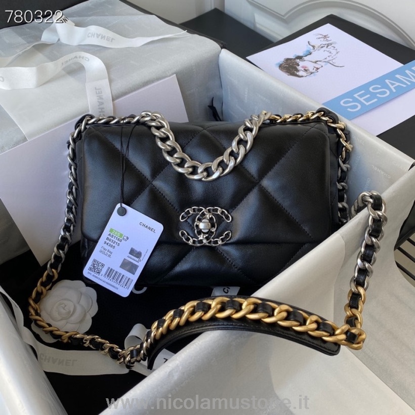 Orijinal Kalite Chanel 19 Flap çanta 26cm As1160 Gümüş Donanım Keçi Derisi Deri Sonbahar/kış 2021 Koleksiyonu Siyah