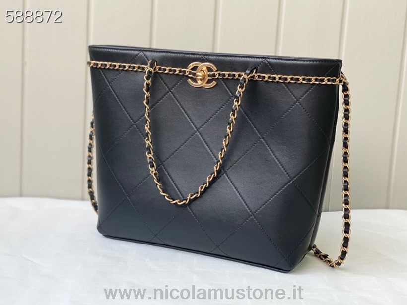 Orijinal Kaliteli Chanel Tote Omuz çantası 25cm A2374 Altın Donanım Dana Derisi Siyah