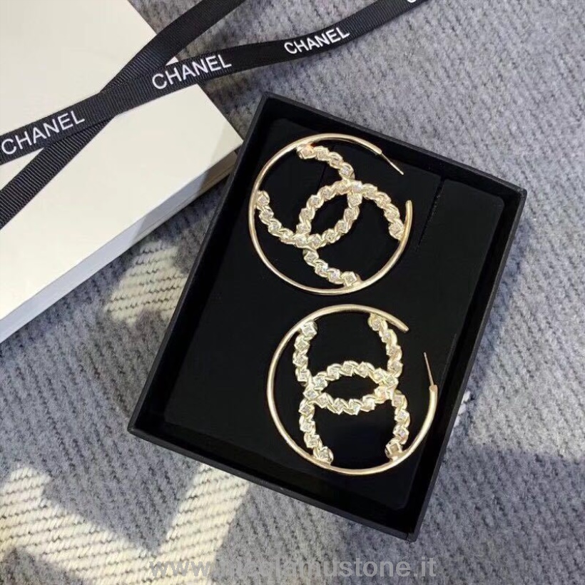 Orijinal Kalite Chanel Cc Logo Kristal Süslemeli Halka Küpe 97351 Ilkbahar/yaz 2019 Koleksiyonu Altın