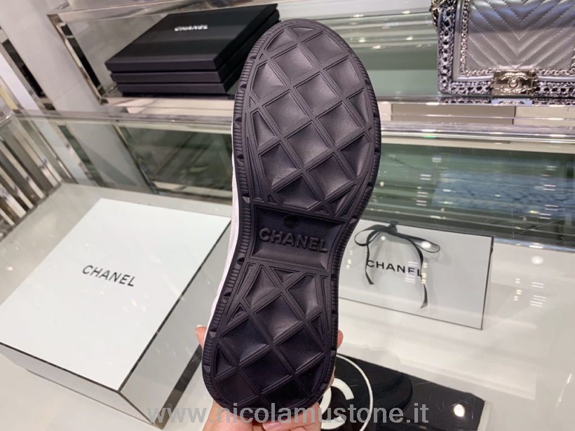 Orijinal Kaliteli Chanel çorap örgü Spor Ayakkabı Dana Derisi Deri Sonbahar/kış 2019 Koleksiyonu Beyaz/siyah