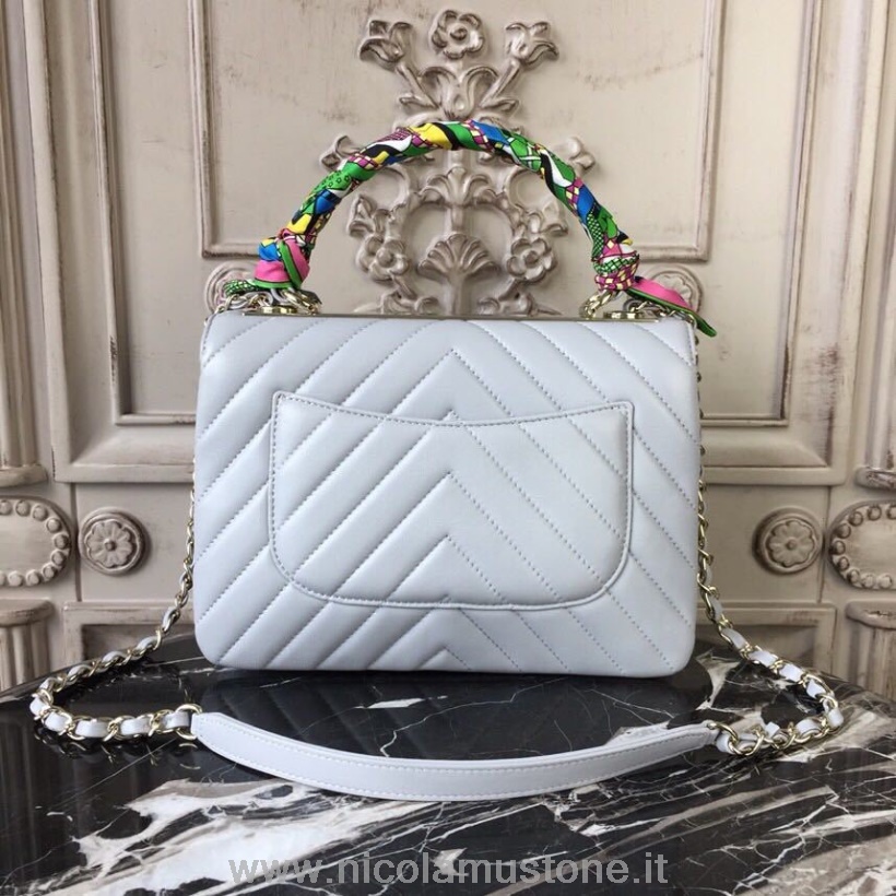 Orijinal Kalite Chanel Trendy Cc Chevron üst Saplı çanta 25cm Dana Derisi Deri Altın Donanım Ilkbahar/yaz 2018 Hareket 1 Koleksiyon Beyaz