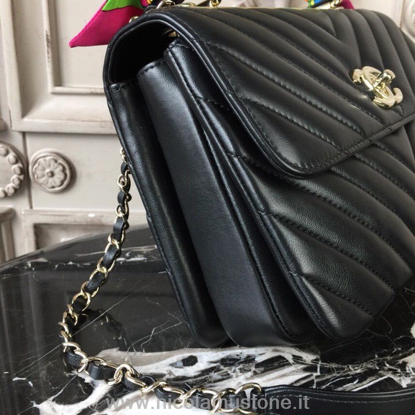 Orijinal Kalite Chanel Trendy Cc Chevron üst Saplı çanta 25cm Dana Derisi Deri Altın Donanım Ilkbahar/yaz 2018 Hareket 1 Koleksiyon Siyah