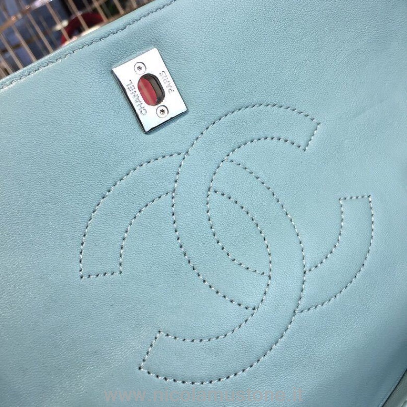 Orijinal Kalite Chanel Trendy Cc Chevron üst Saplı çanta 25cm Dana Derisi Deri Gümüş Donanım Ilkbahar/yaz 2018 Hareket 1 Koleksiyon Açık Mavi