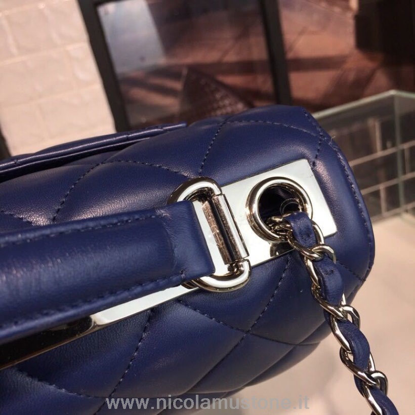 Orijinal Kalite Chanel Trendy Cc üst Saplı çanta 25cm Dana Derisi Deri Gümüş Donanım Ilkbahar/yaz 2018 Hareket 1 Koleksiyon Lacivert