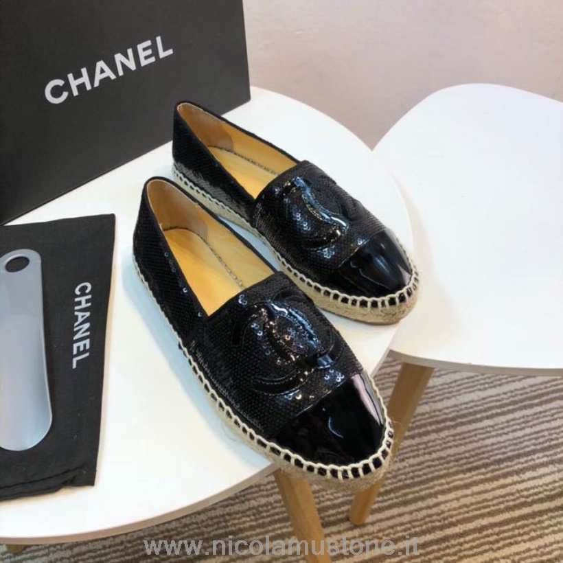 Orijinal Kalite Chanel Payet Ve Kumaş Cc Kuzu Derisi Burunlu Espadrilles Sonbahar/kış 2016 Koleksiyonu Siyah