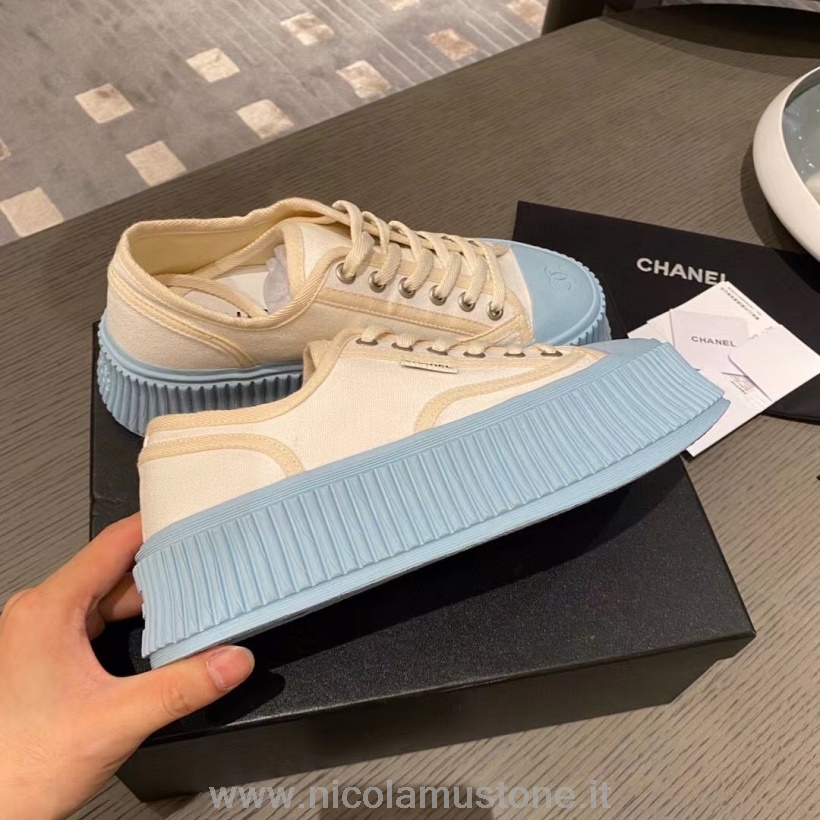 Orijinal Kalite Chanel Kanvas Platform Spor Ayakkabı Sonbahar/kış 2021 Koleksiyonu Beyaz/mavi