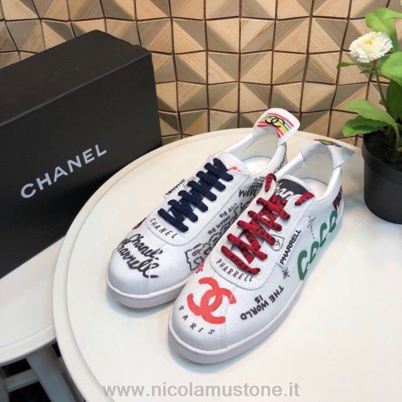 Orijinal Kalite Chanel X Pharrell Kapsül Graffiti Tuval Dantelli Unisex Spor Ayakkabı Ilkbahar/yaz 2019 Koleksiyonu Beyaz