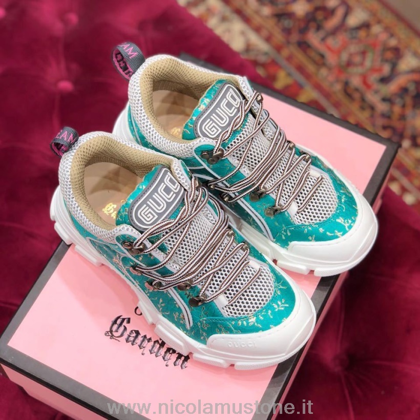 Qualità Originale Gucci Sneakers Flashtrek Gg Pelle Di Vitello Collezione Autunno/inverno 2019 Bianco/turchese Floreale