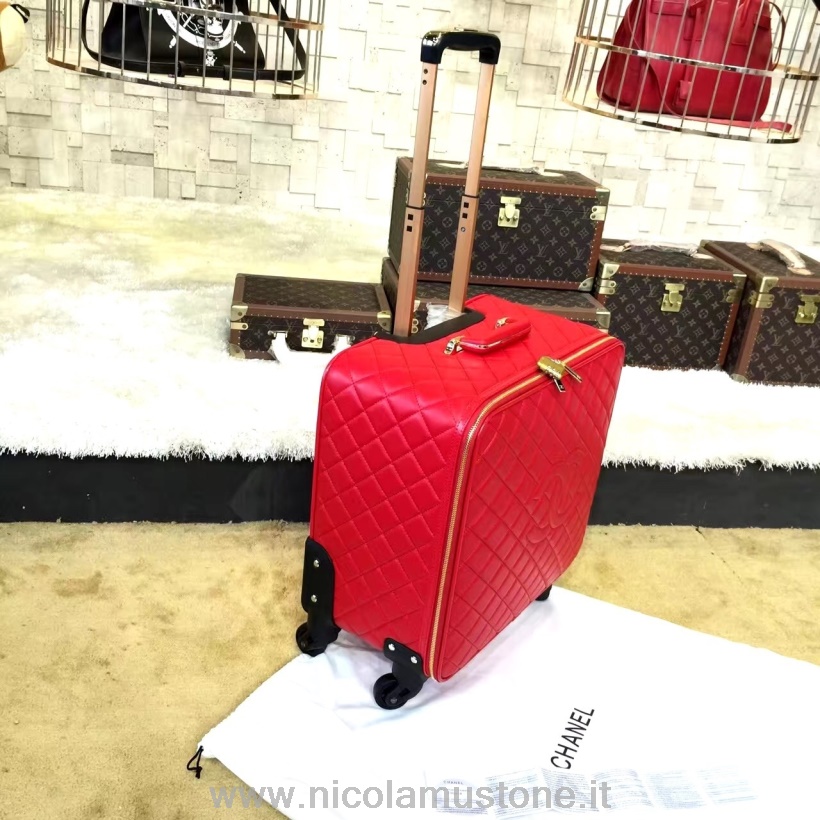 Trolley Da Viaggio Chanel Di Qualità Originale Bagaglio A Rotelle 42 Cm Pelle Di Agnello Hardware Oro Collezione Primavera/estate 2019 Rosso
