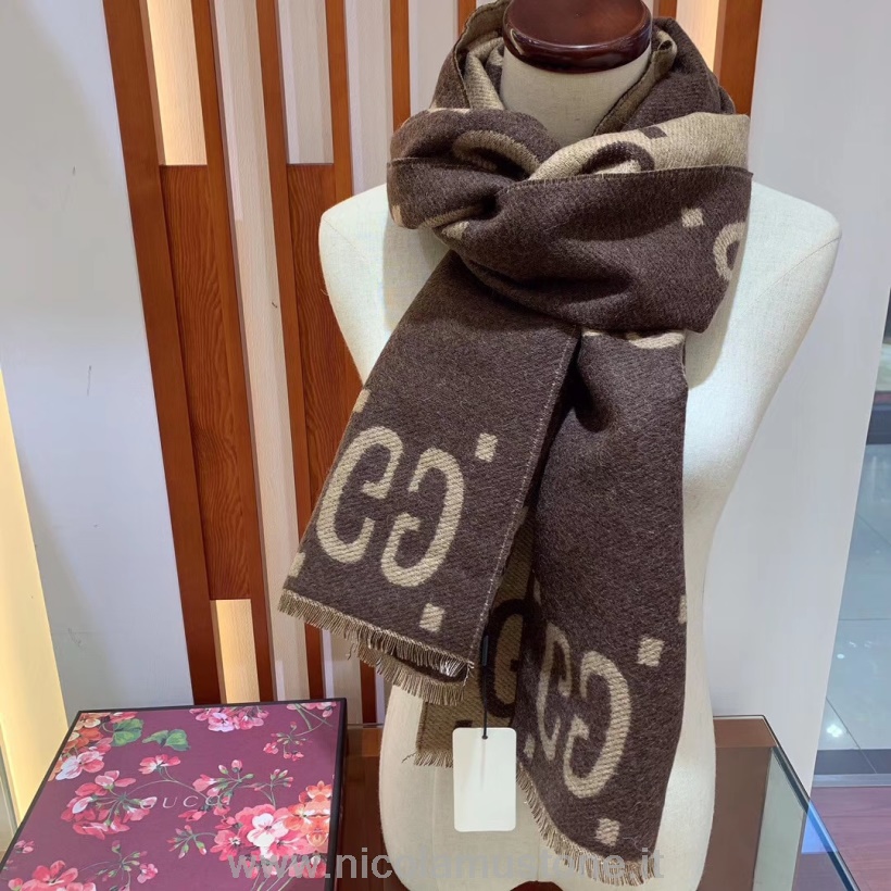 Qualità Originale Gucci Sciarpa Jacquard Lana Seta 180cm Collezione Autunno/inverno 2019 Marrone/beige