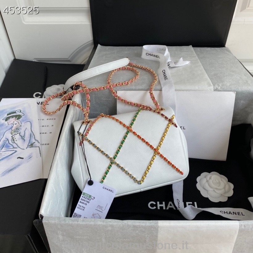 Qualità Originale Chanel Borsa Con Patta Catena Intrecciata 18 Cm As2382 Pelle Di Agnello Hardware Oro Collezione Primavera/estate 2021 Bianco