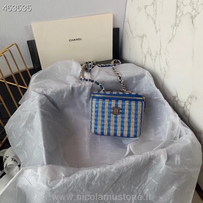 Qualità Originale Chanel Rafia Vanity Case Bag 12cm Ap1998 Filo Di Iuta/pelle Di Agnello Collezione Primavera/estate 2021 Blu